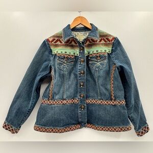 Coldwater Creek Denim Jacket Women Petite L Embroidered Southwest Aztec Western